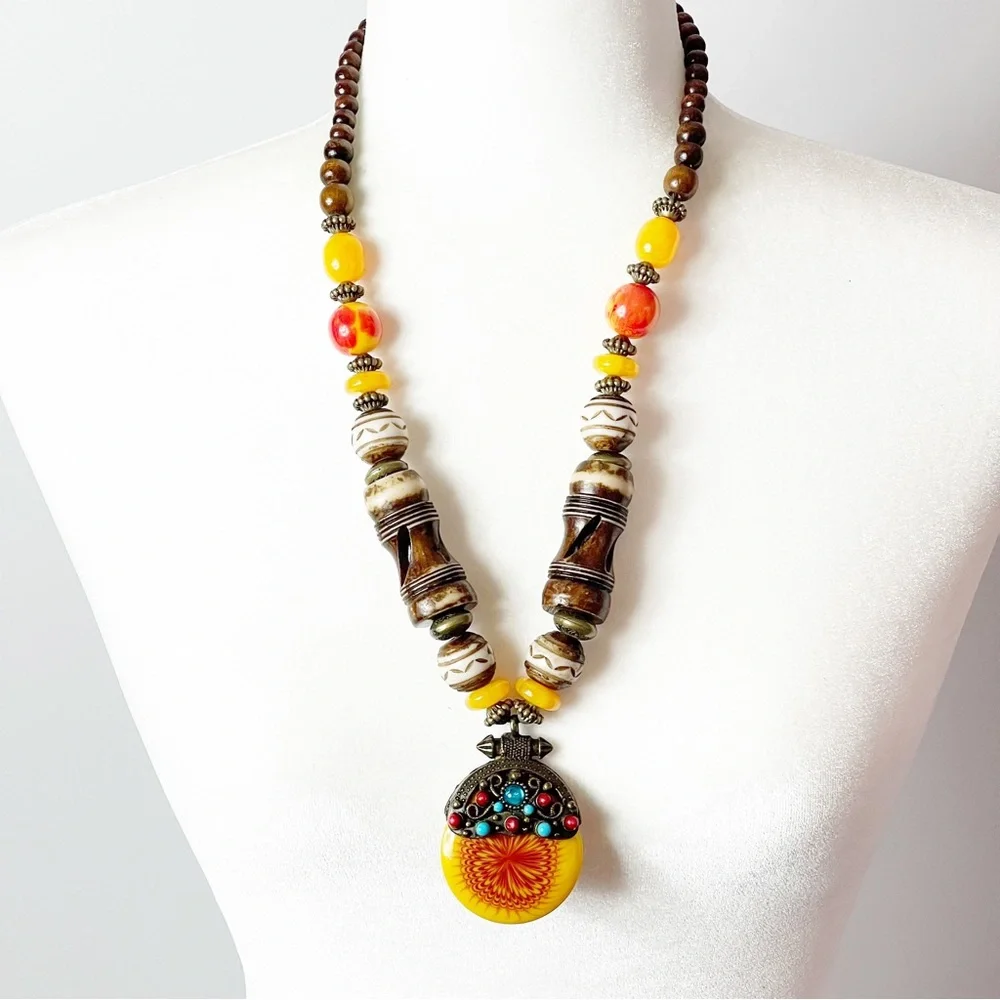Vintage Sun Like Amazigh Amber & Bone Chunky Necklace - Picture 1 of 14